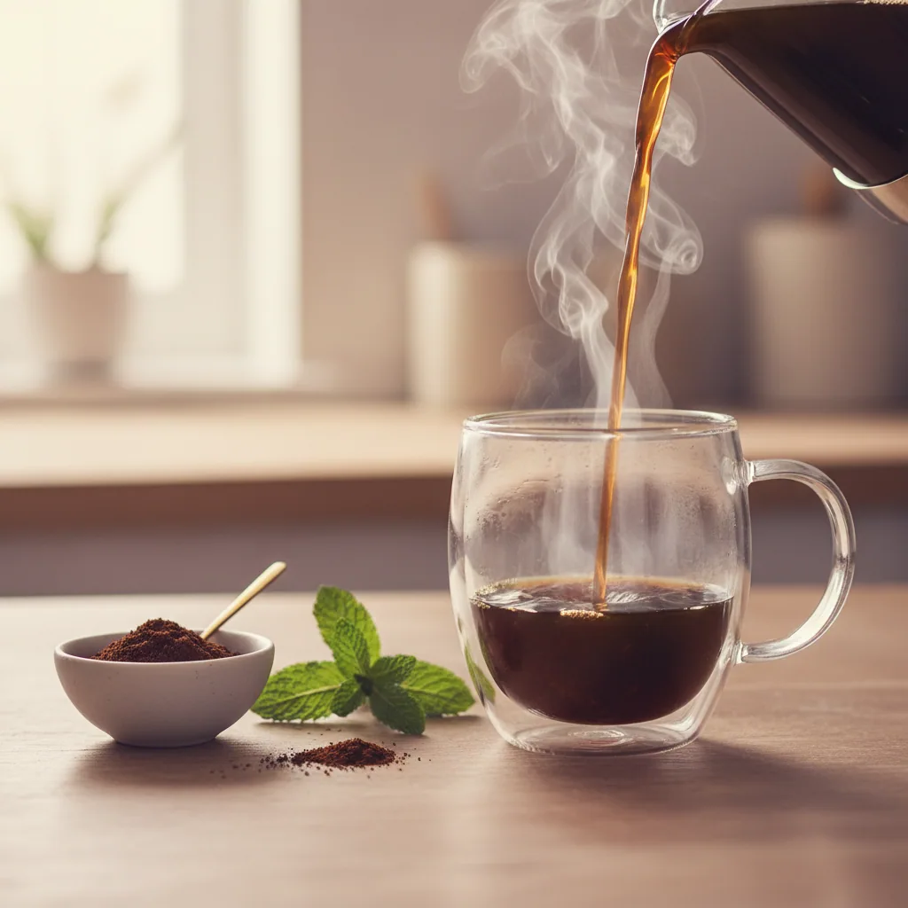 Coffee being poured into a glass mug with herbs beside it - sachet coffee supplement buy online UK
