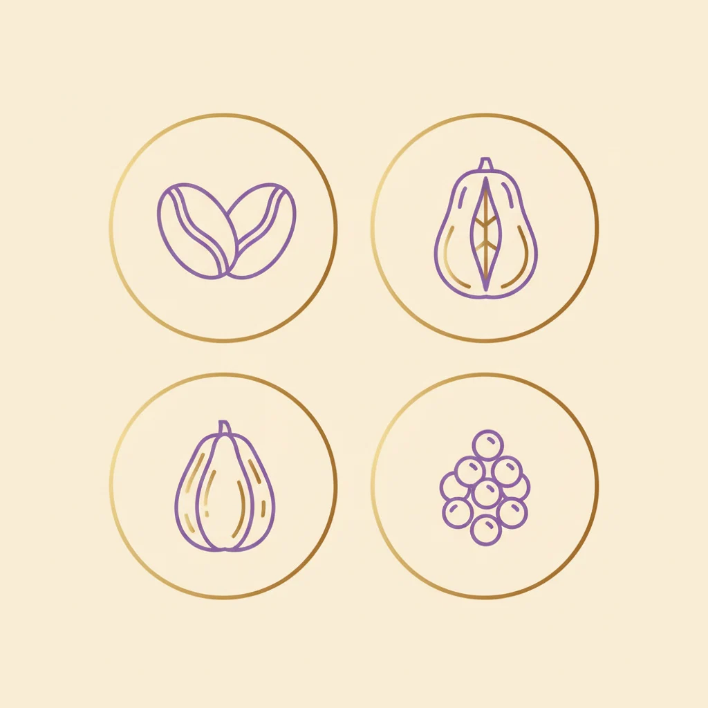 Four key ingredient icons: green coffee bean, guarana, garcinia cambogia, peppercorn - metabolism support supplement visual