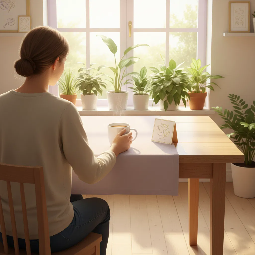 Faceless person from behind holding a warm coffee mug at a bright kitchen table - plant extract energy supplement morning routine